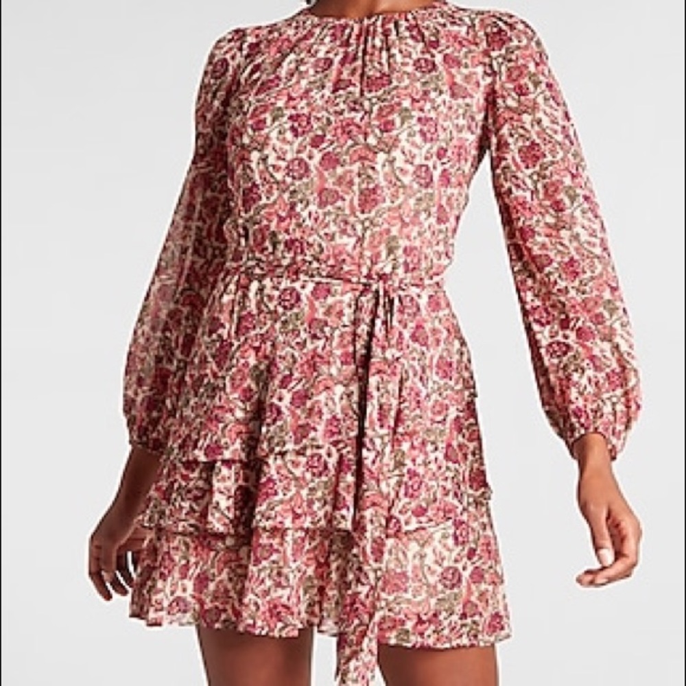 Express Metallic Floral Tie Waist Tiered Ruffle Dress